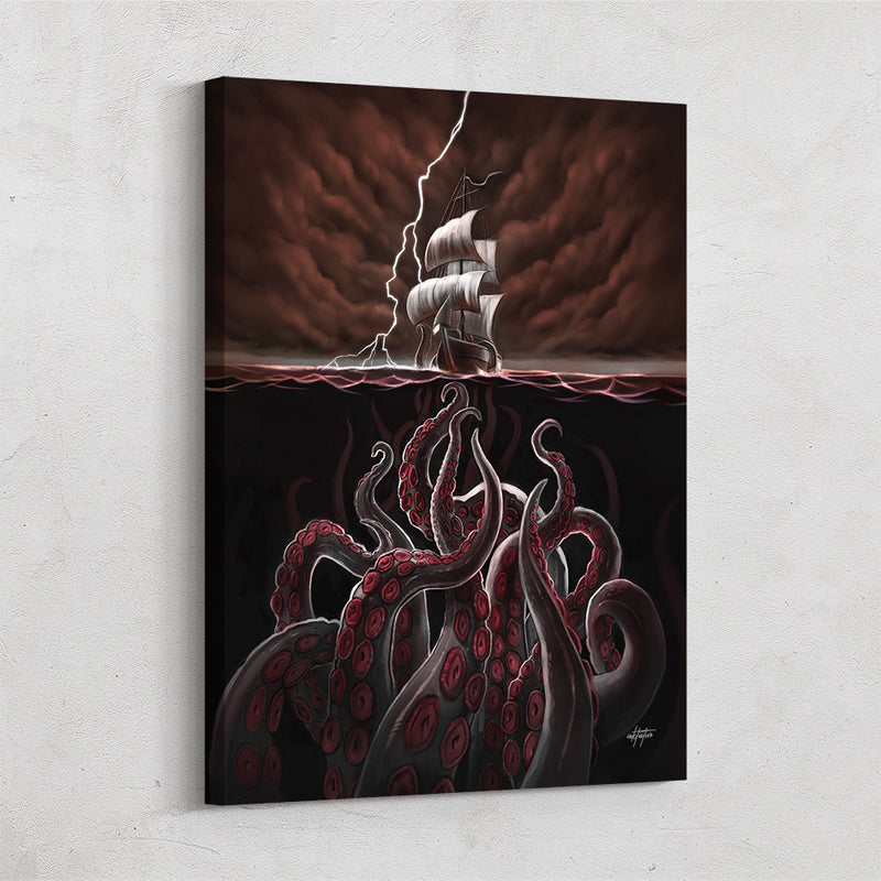 Canvas art of underwater Kraken sea monster attacking a sail boat in a storm.