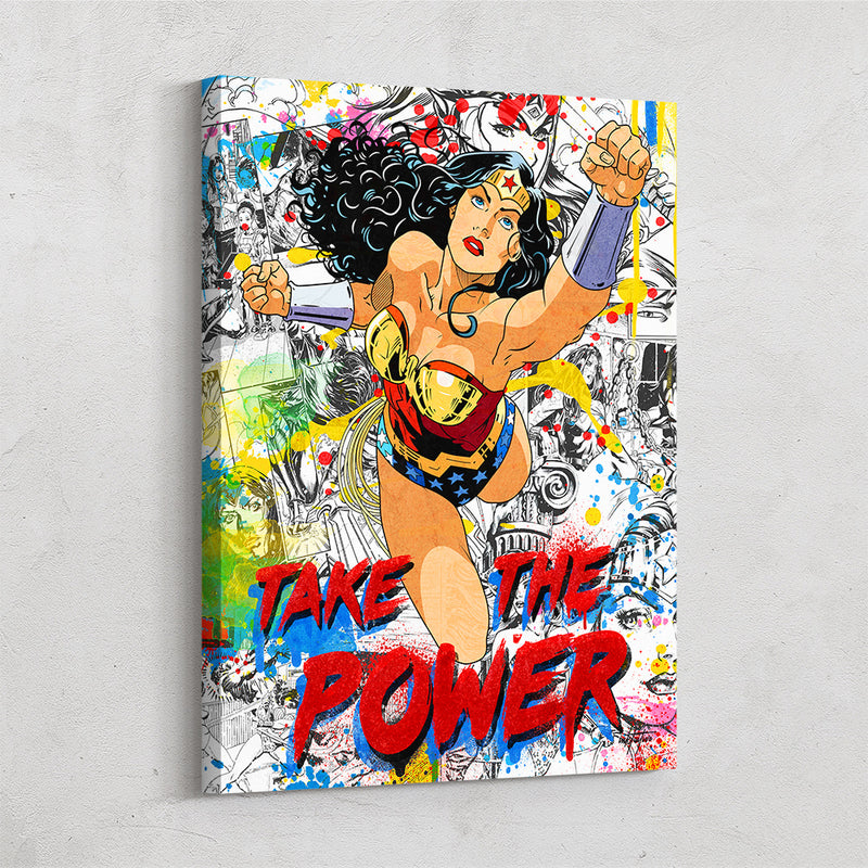 Canvas art of Wonder Woman with text "feel the power".