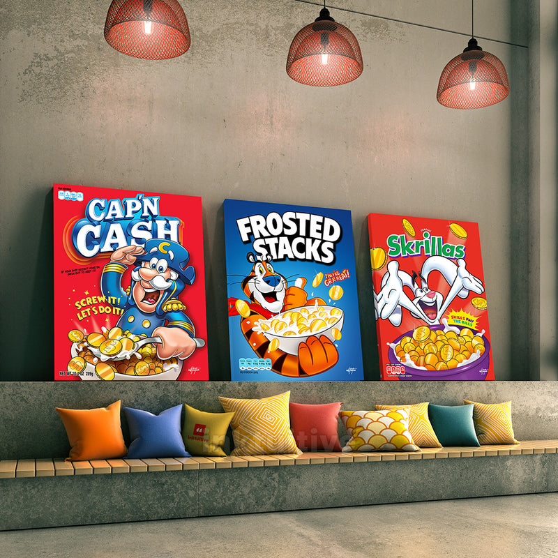 Cereal box motivational wall art in living room