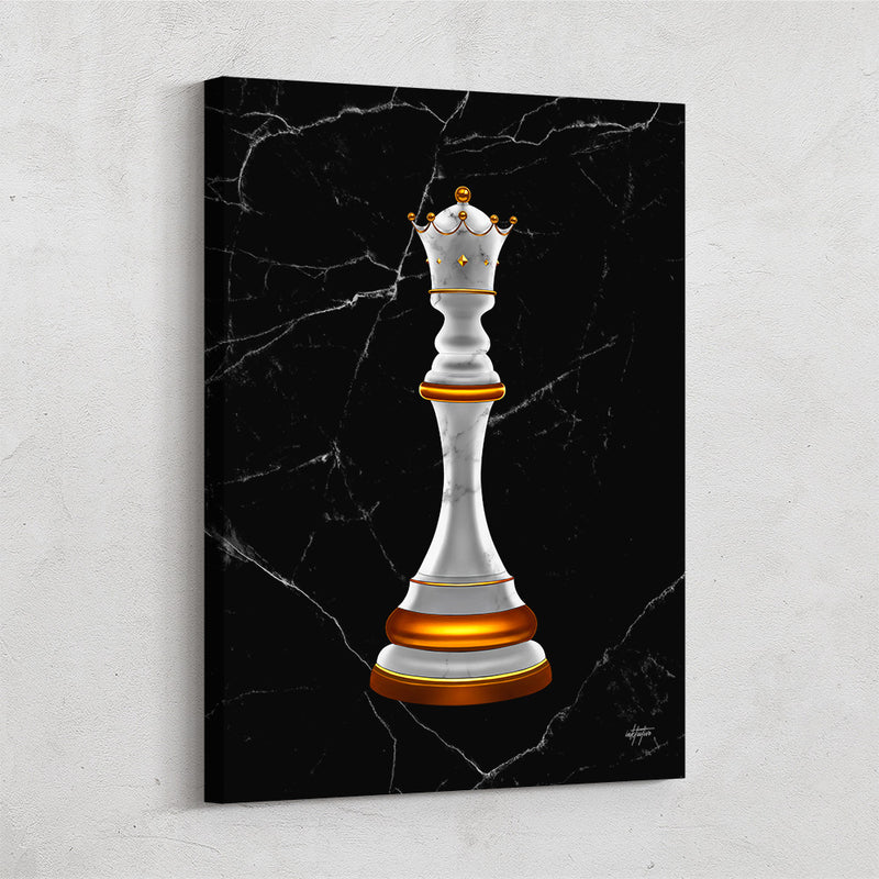 A luxurious queen chess piece black with gold crown on corner of