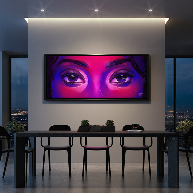 modern wall art of eyes glancing in dining room