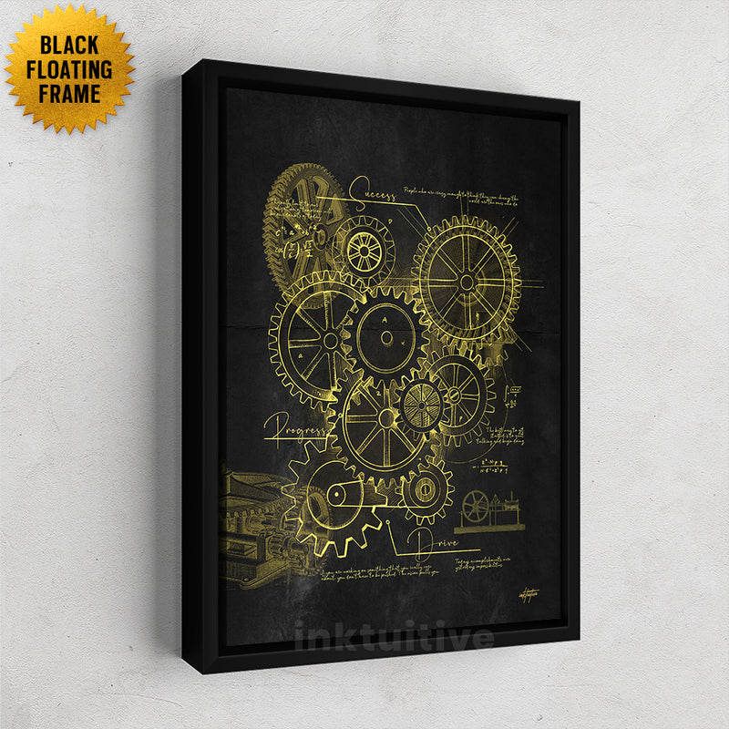 Gears of Success, black and gold luxury blueprint wall art.