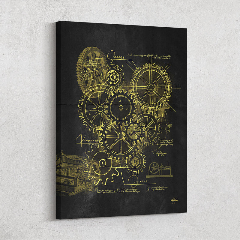 Gears of Success, black and gold vintage blueprint wall art.