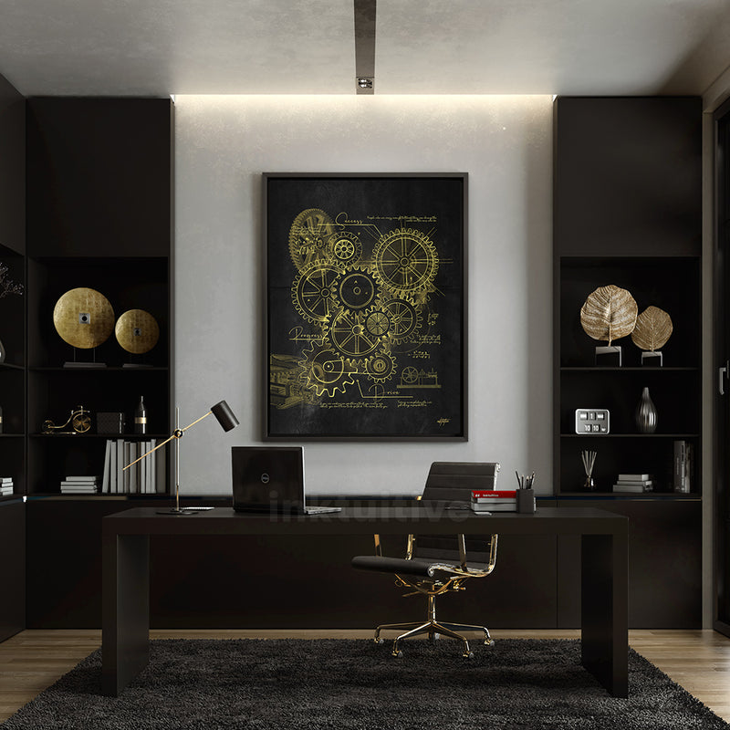 "Gears of Success", black gold wall art for luxury office.