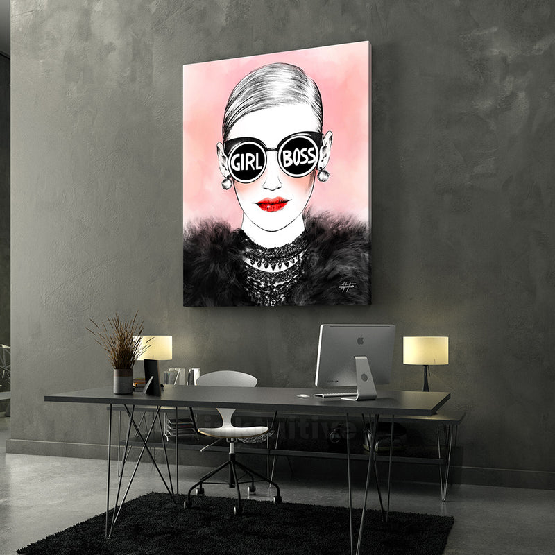 Black/white/blue/grey/red Boss Lady 18x24 Canvas Painting Abstract
