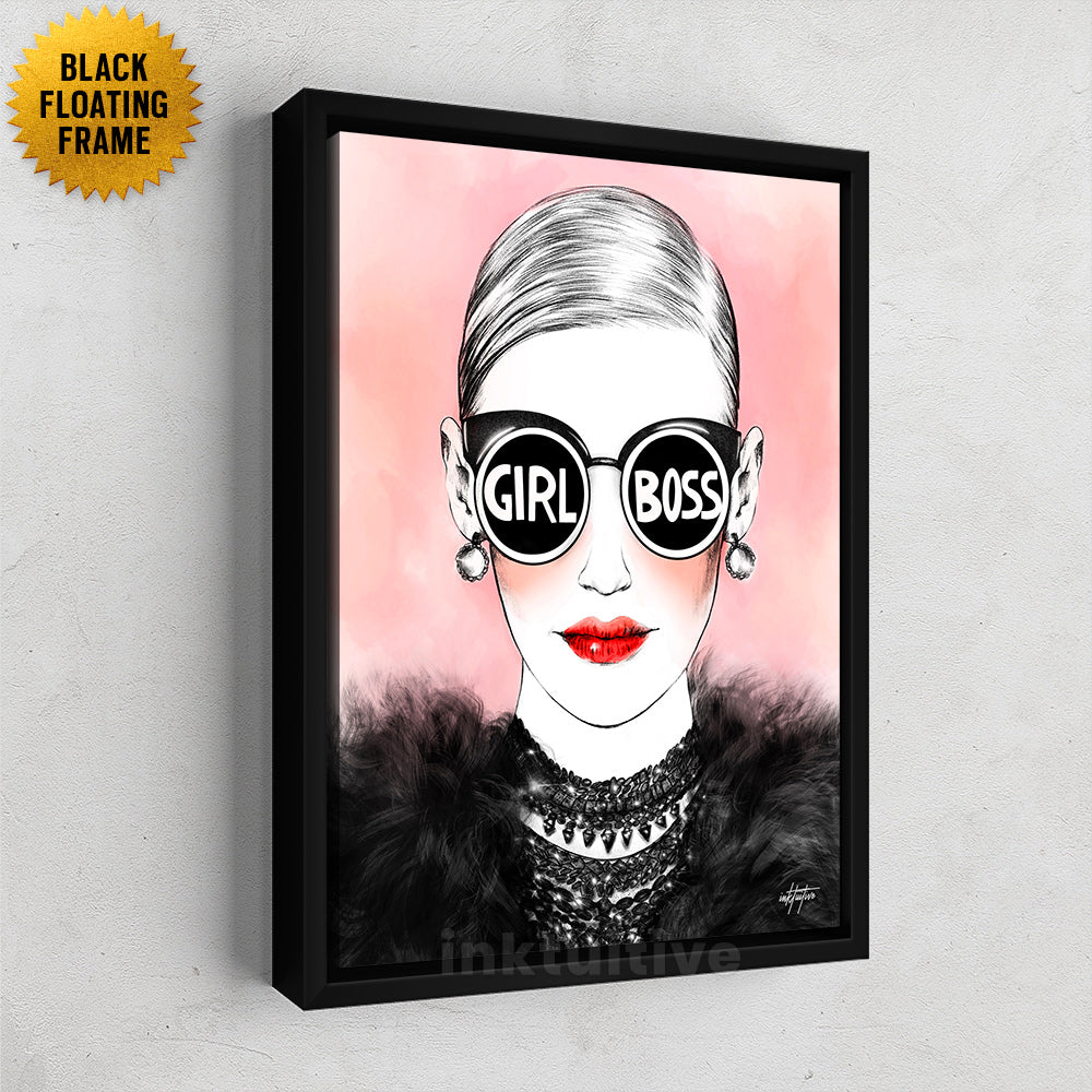 Black/white/blue/grey/red Boss Lady 18x24 Canvas Painting Abstract