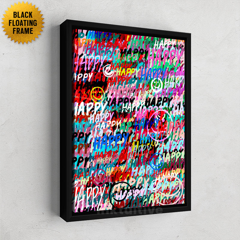 Happy - Colorful wall art with black floating frame.