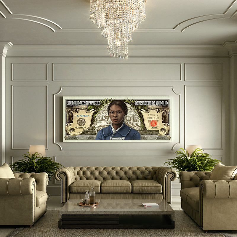 Harriet Tubman money canvas art in living room