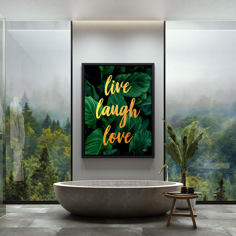 "Live Laugh Love", positive wall art in luxury bathroom designed by Inktuitive.