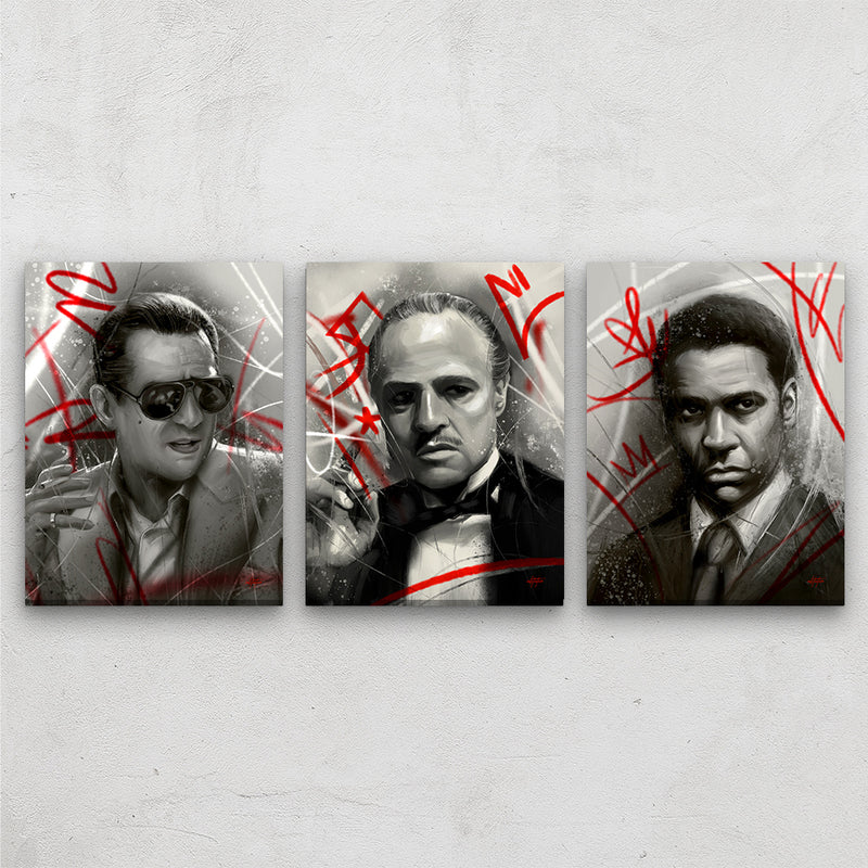 Mobster movie wall art featuring Deniro, Denzel and Brando.