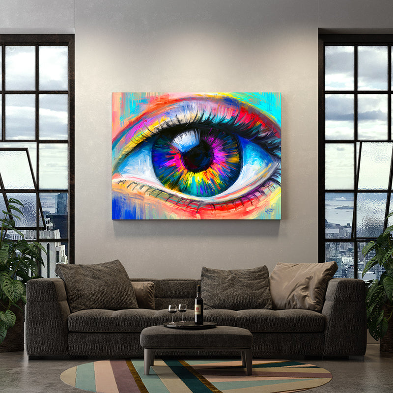 Modern colorful wall decor of eye in living room.