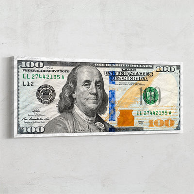Money wall art of 100 dollar Ben Franklin by Inktuitive