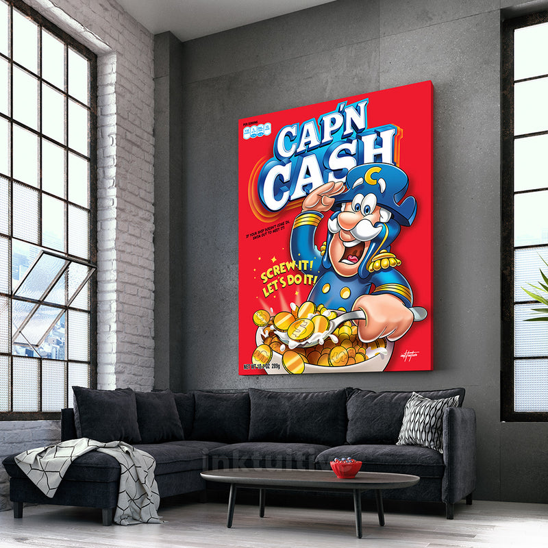Motivational canvas art of cereal box in living room