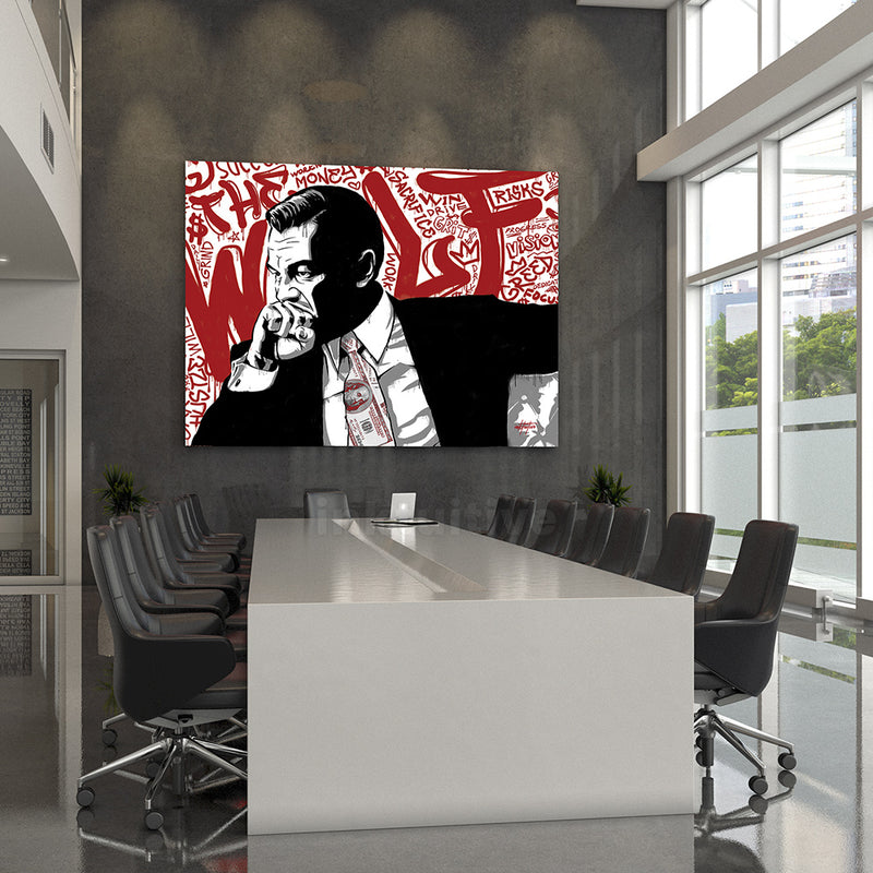 Motivational canvas art of Wolf of Wall Street in office board room
