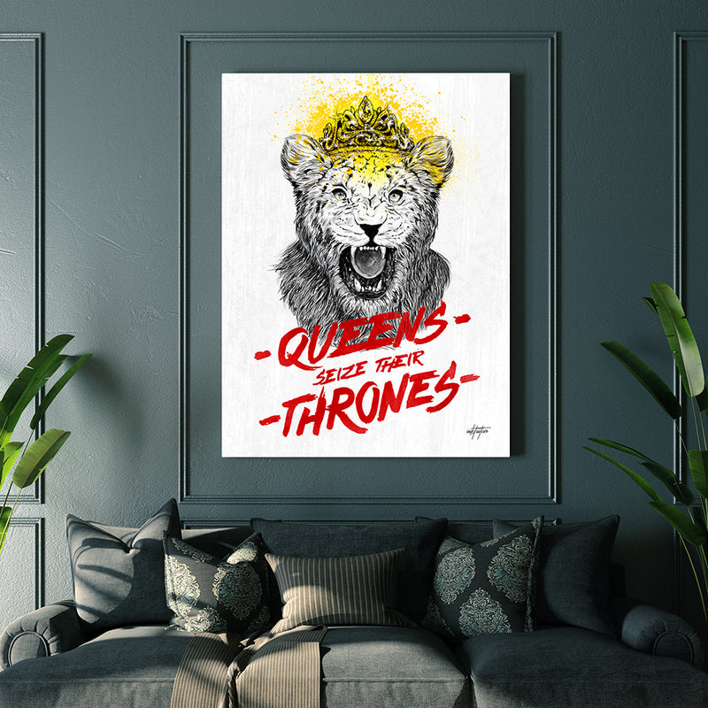 Motivational wall art of lioness queen for living room.