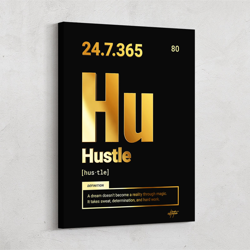 Motivational wall art of periodic table element "Hustle" in gold
