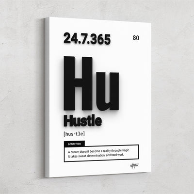 Hustle motivational wall art designed like elements from the periodic table by Inktuitive.