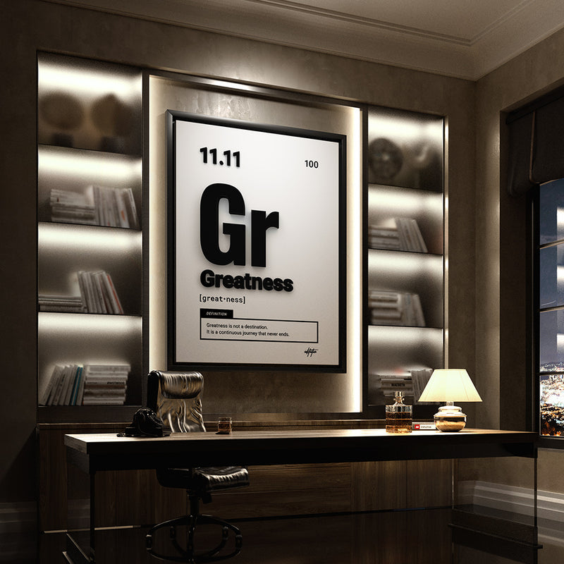 Motivational wall art of the word Greatness similar to periodic table elements in a luxury office.