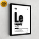 Motivational wall art of word 'Legacy' with a modern black floating frame
