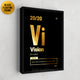 Motivational wall art using the word 'Vision' in a periodic table style and black floating modern frame in gold
