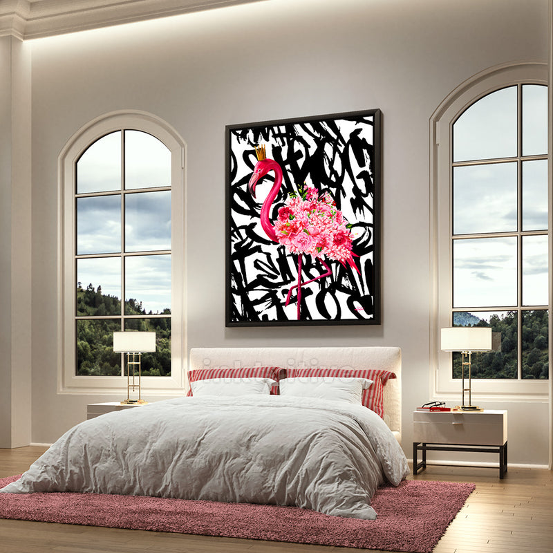 Pink Flamingo graffiti canvas art in a bedroom