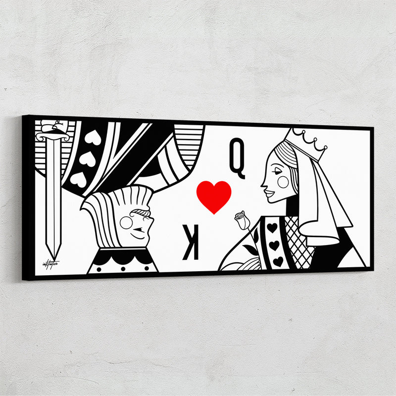 "Royal Romance", King and Queen of Hearts, playing card, black, white, red, modern wall art