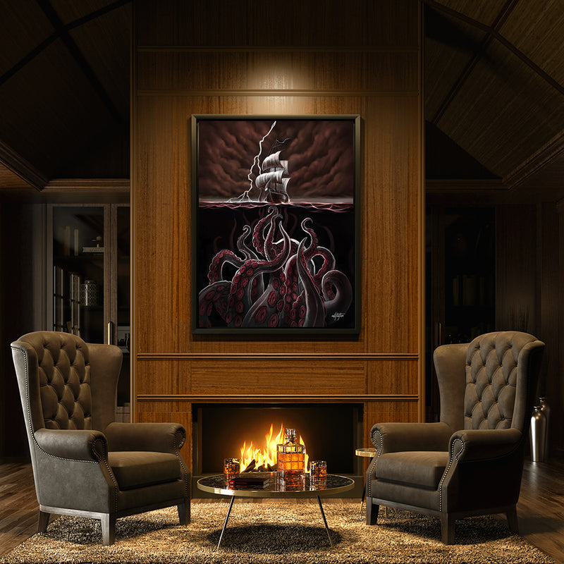 Sail boat in storm with Kraken sea monster on canvas art in a man cave living room.