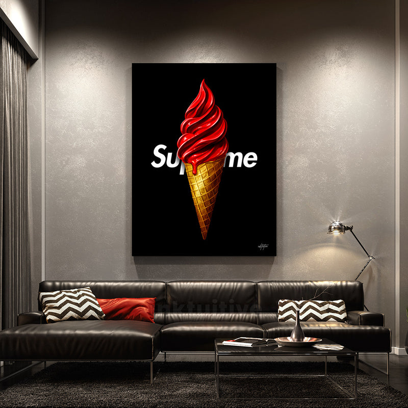 Supreme ice cream cone wall art in living room.