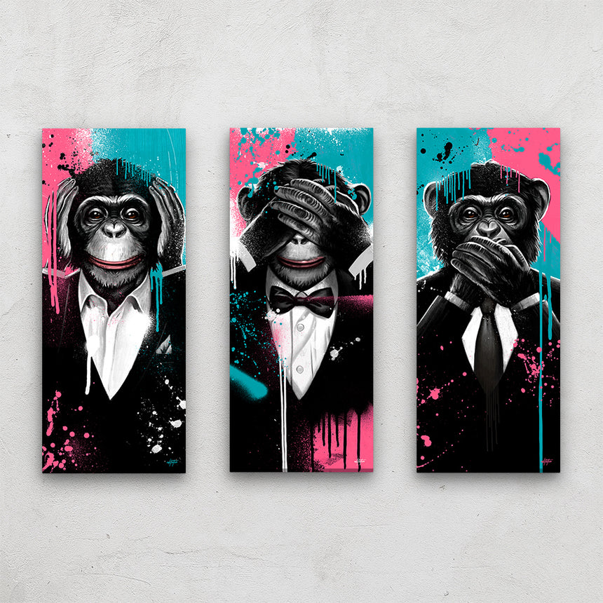 Speak No Evil, Hear No Evil, See No Evil, Dark Art, 3 Piece Art Set, Framed fine art, popular canvas, or poster prints.