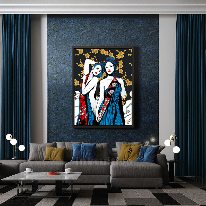 Two colorful Geishas in a living room - Japanese style wall art decor