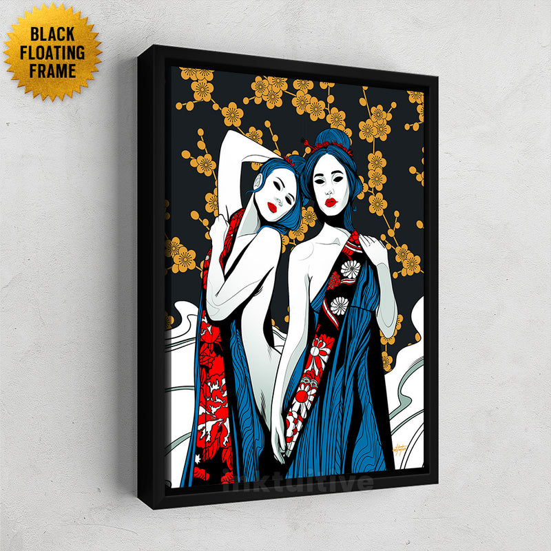 Two colorful Geishas - framed portrait wall decor 