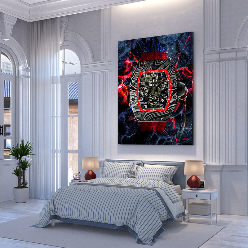 Wall decor in luxury white bedroom featuring Richard Mille