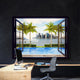 Window with luxury yacht and pool as an inspirational canvas wall art.