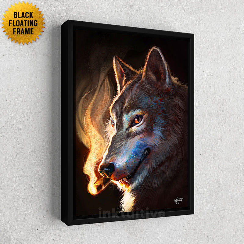 Wolf canvas art with black floating frame.