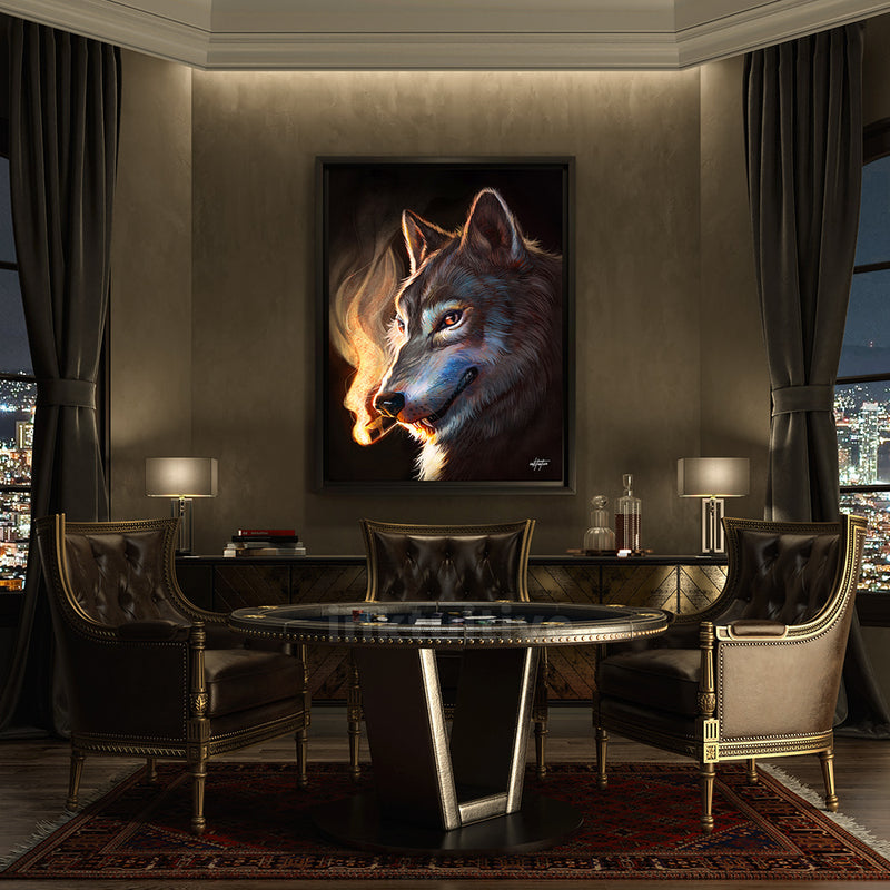 Wolf smoking cigar canvas art for living room.